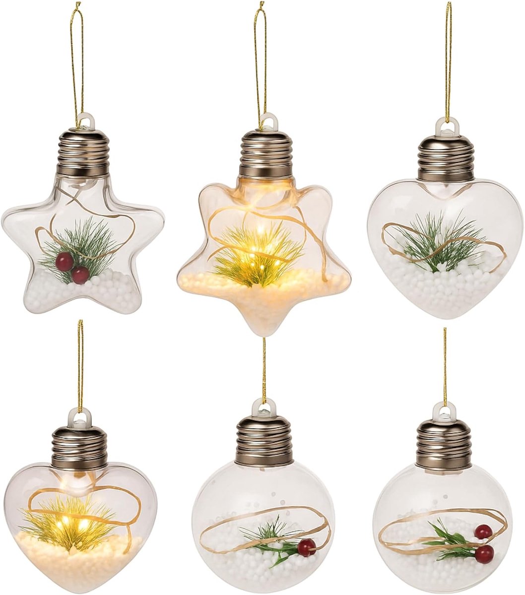 Dailygoods- Kerstboom Hangers Set van 6 - LED Verlichte Hangers - Kunststof Ster/Hart/Bal - Kerstdecoratie met Dennentak/Sneeuwbal - Ca. 8x8 cm