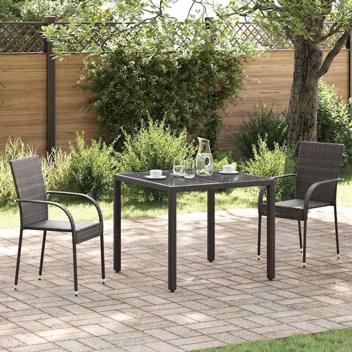 2 stuks stapelbare tuinstoelen van polyrotan, bruin PE-rotan, stalen frame met poedercoating, licht en eenvoudig te monteren, max. 110 kg per zitplaats