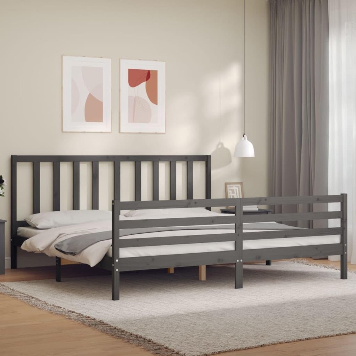Grenenhout Met hoofdbord en voeteneinde Bedframe Grijs 200x200 cm