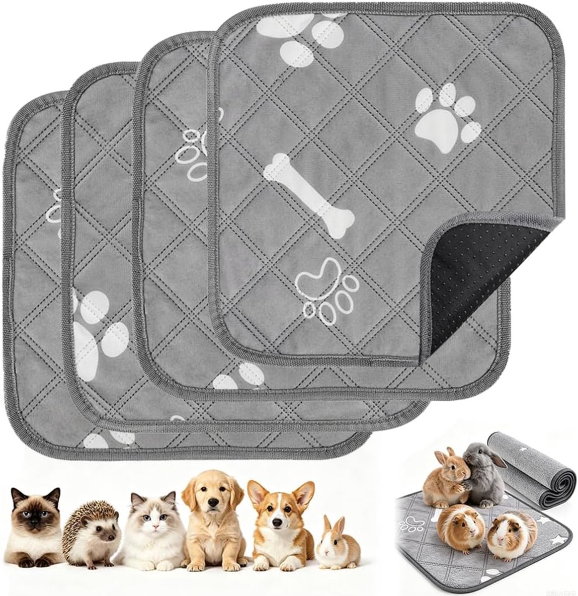 Cavia's, 4 stuks, 30 x 30 cm, herbruikbare PIPI pads, absorberende, wasbare snelkooi, waterdichte antislip pads voor konijnen, chinchilla's en hamsters