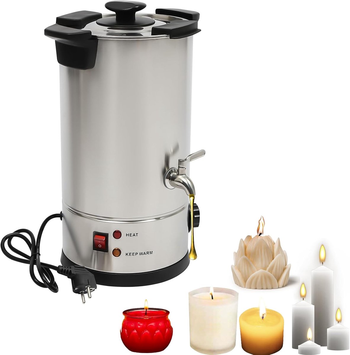 10 l wassmelter, wassmeltpot van roestvrij staal, wassmeltapparaat, kaarsenproductiemachine, met verwarmingsuitloop en temperatuurregeling, voor sojawas, zeepbasis, bijenwas, kaarsen maken