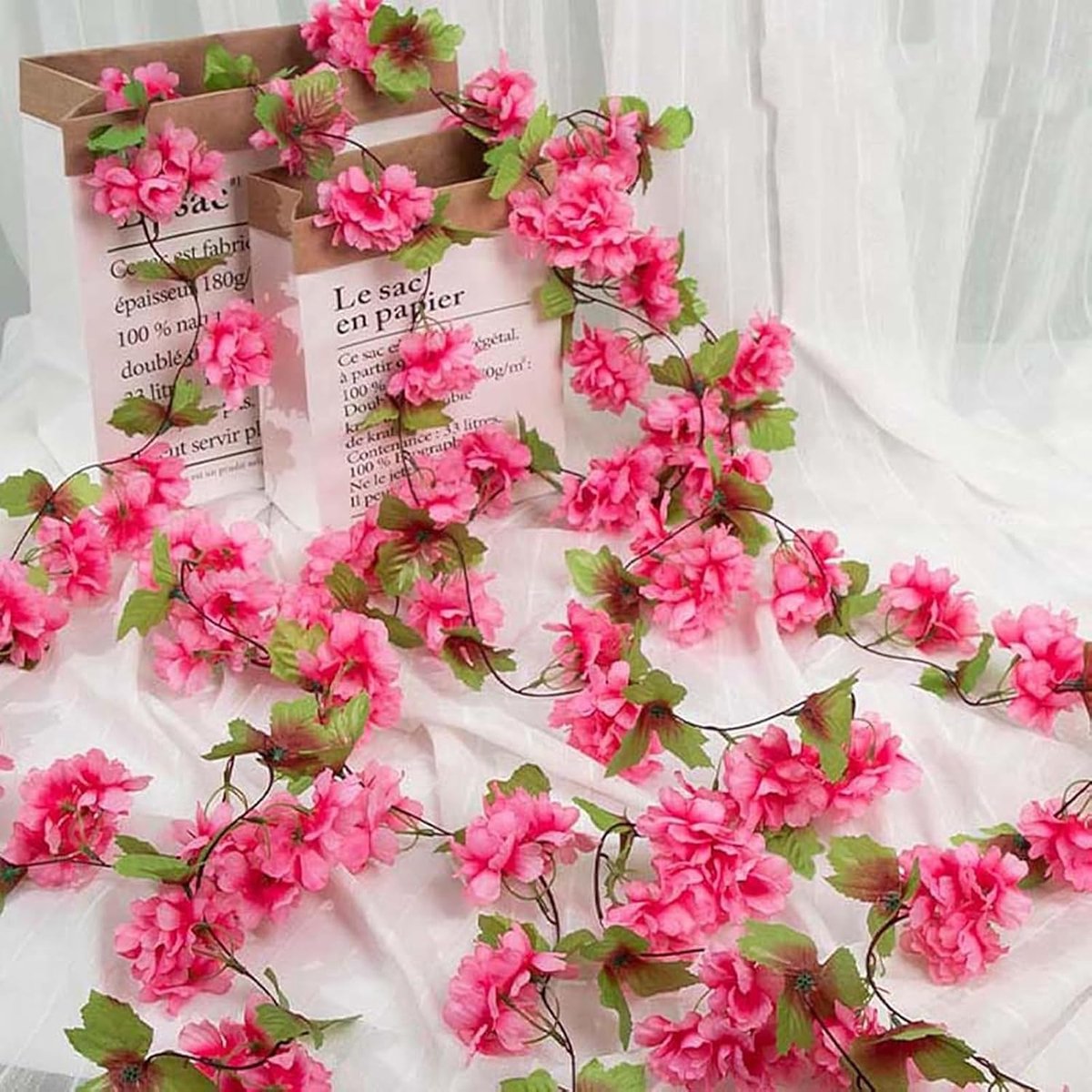 Kunstbloemenkrans, 2,3 m, kersenbloesem, slinger, decoratie, kunstbloemen van zijde, 18 bloemkoppen, voor bruiloftsboog, slaapkamer, muur, achtergrond, tuindecoratie, rood