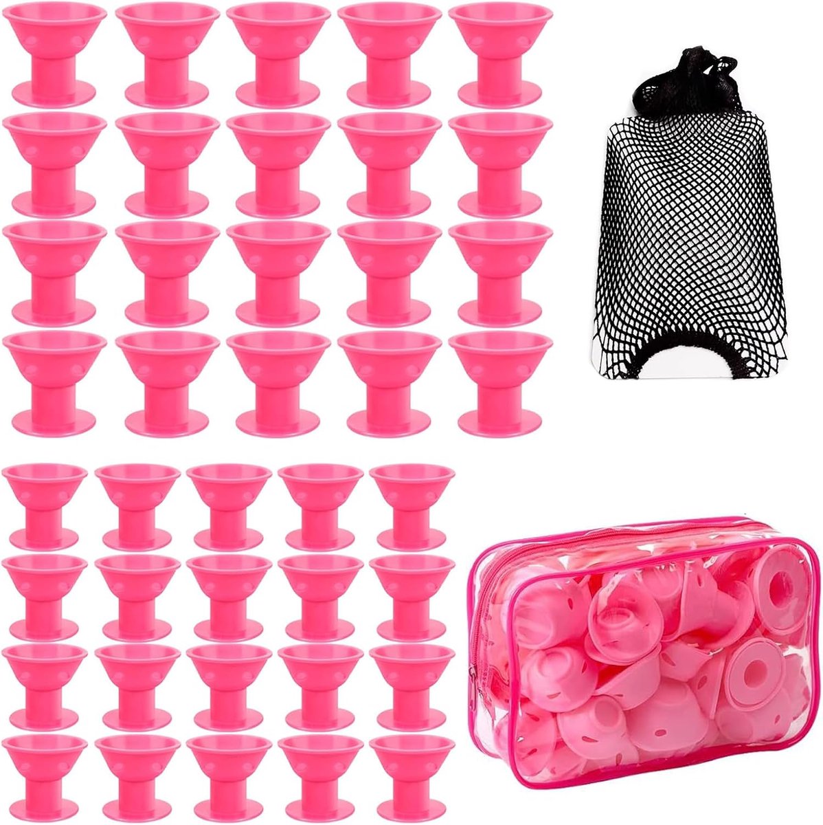 Krulspelden, hittevrij, 2 maten, magische haarrollers voor krullen 's nachts, zachte paddenstoelkrulspelden, groot en klein met haarnet, heatless curls voor lang en kort haar (roze)