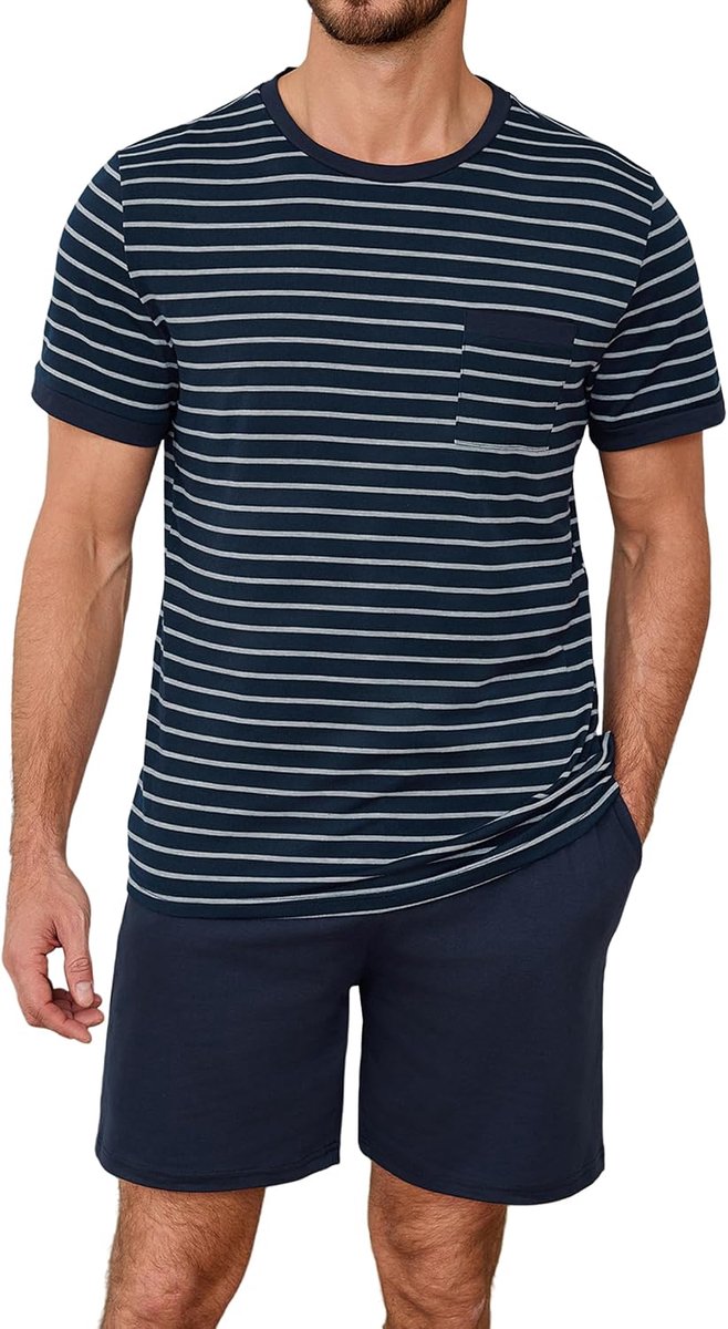 Pyjama heren korte zomer pyjama heren katoen gestreepte heren pyjama met elastische riem nachtshorts korte nachtbroek