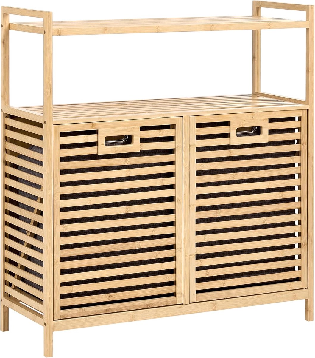 Badkamerkast uitklapbare wasmand 2 planken Scandinavisch lichtbruin Cejar