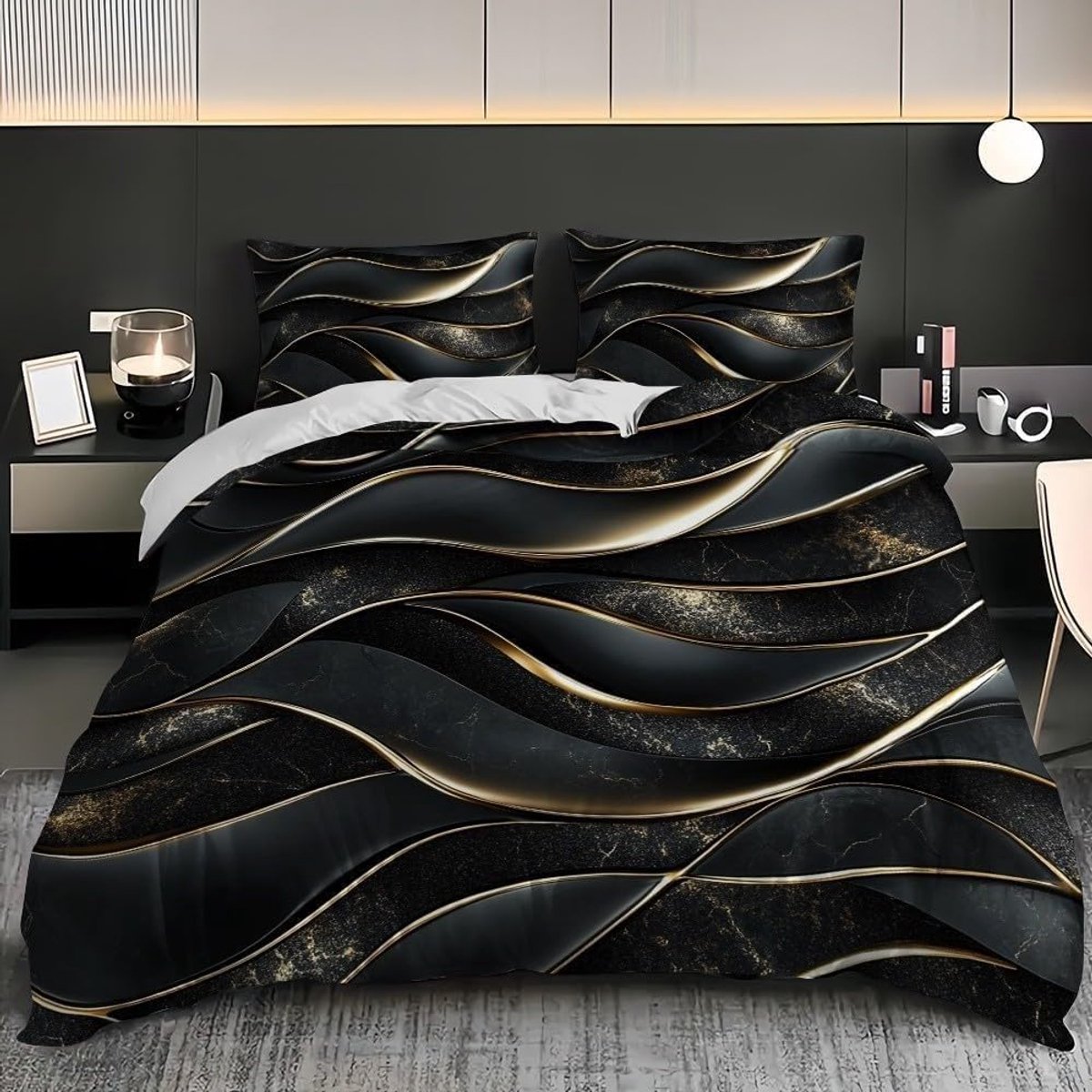 Dekbedovertreksets, zwarte dekbedovertreksets met ritssluiting, zachte microvezel beddengoedset, met 2 kussenslopen van 50 x 75 cm, voor tieners en volwassenen