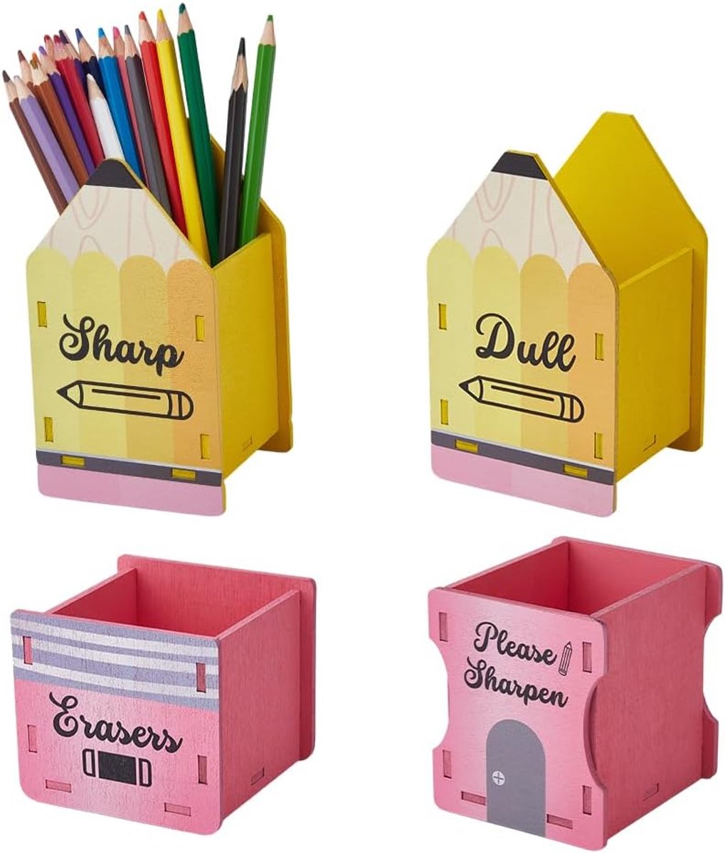 Dailygoods- Potloodhouder 4 Stuks - Houten Dispenser - Pen Organizer - Potloodvormige Houder - Kantoor/Bureau Accessoires - Schattige Kleuren - Pennen