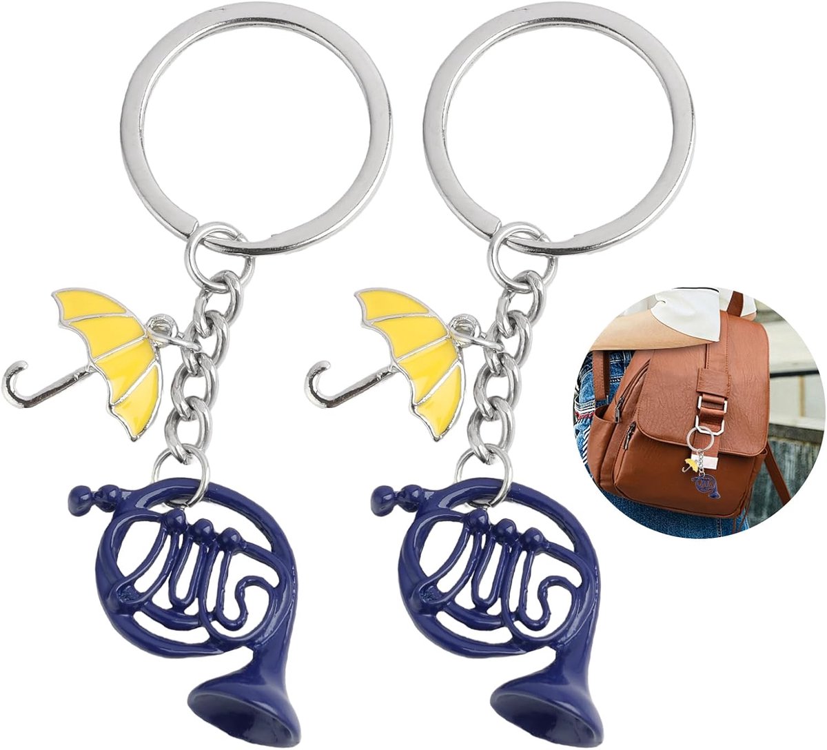 Dailygoods- Sleutelhanger Set van 2 - Franse Hoorn/Gele Paraplu - Zinklegering - Duurzaam - Cadeau voor Serie Fans - Uniek Ontwerp - Sleutelhangertje