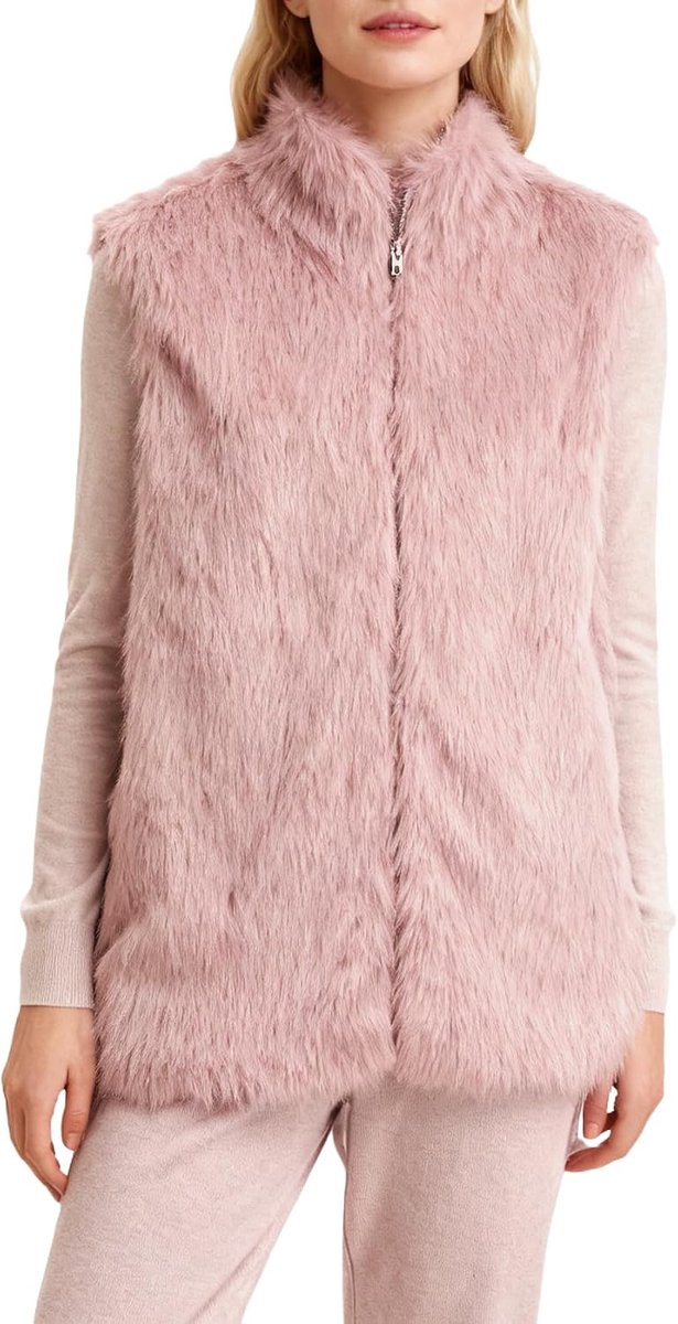 Bontvest voor dames, bontjas, lang vest, kunstbont jas, mantel winter herfst, mouwloos, pluche mantel, kunstbont, vest, elegant, damesvesten met zakken en ritssluiting