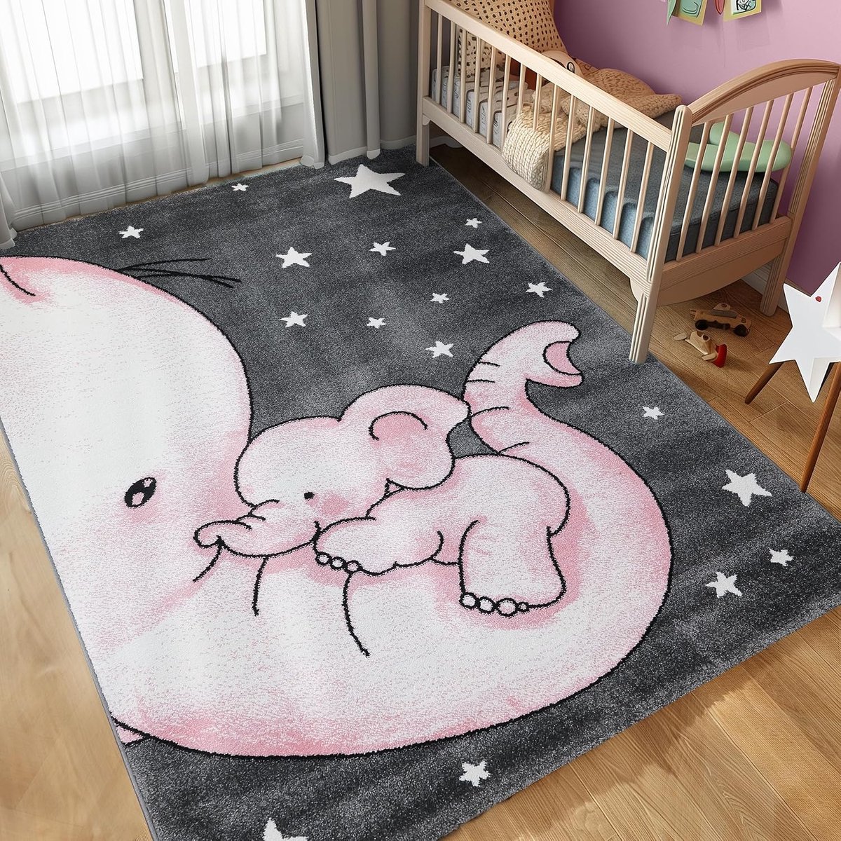 Kinderkleed met olifantendesign voor de babykamer van meisjes, tapijt voor kinderkamer, gemakkelijk in onderhoud, Kleur: Roze, Maat: 80 x 150 cm