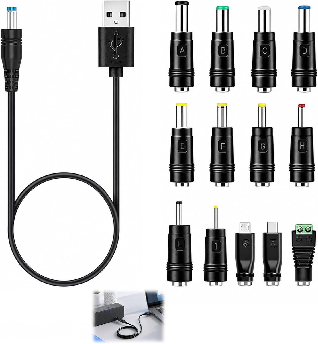14 stuks USB DC-kabel met eindstukken, adapter USB-A naar DC Multi opzetstukken, 5,5 x 2,1 mm, 5 V, voedingskabel met 13 verwisselbare opzetstukken, voor router, tv-box, ventilator, diffuser (1,5 m)