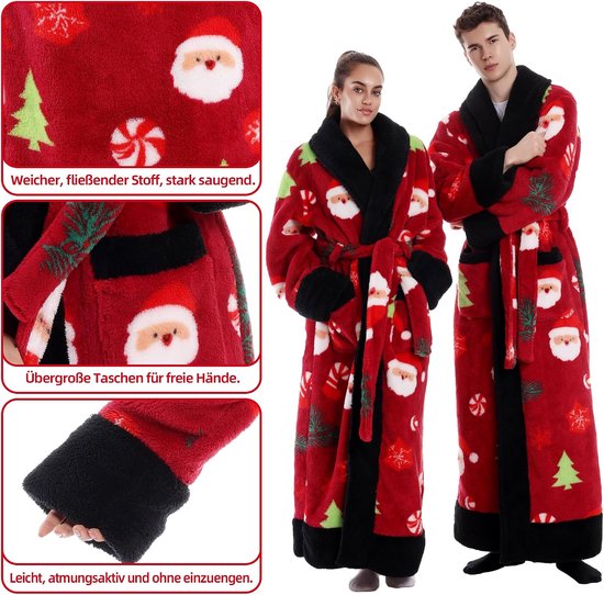 Badjassen Mannen en vrouwen Universeel Zacht flanel materiaal Extra grote zak ontwerp Een maat Als cadeau voor een vriendin Moeder Vriend (Red Christmas) — afbeelding 3