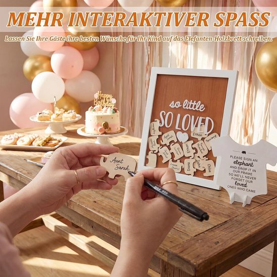 gastenboek fotolijst van hout, babyshower decoratie met 50 houten olifantenkaarten om in te vullen, creatief gastenboek, doopboek voor babyshower, decoratie meisjes en jongens — afbeelding 4