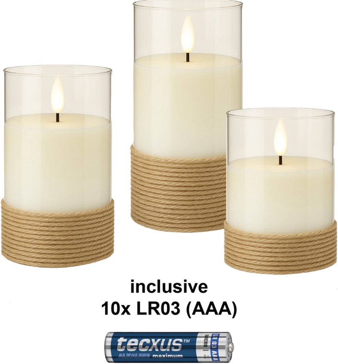 Goobay 3-delige set LED kaarsen van echte kaarsvet in glas, wit, omwikkeld met hennep, incl. 8x AA (LR6)