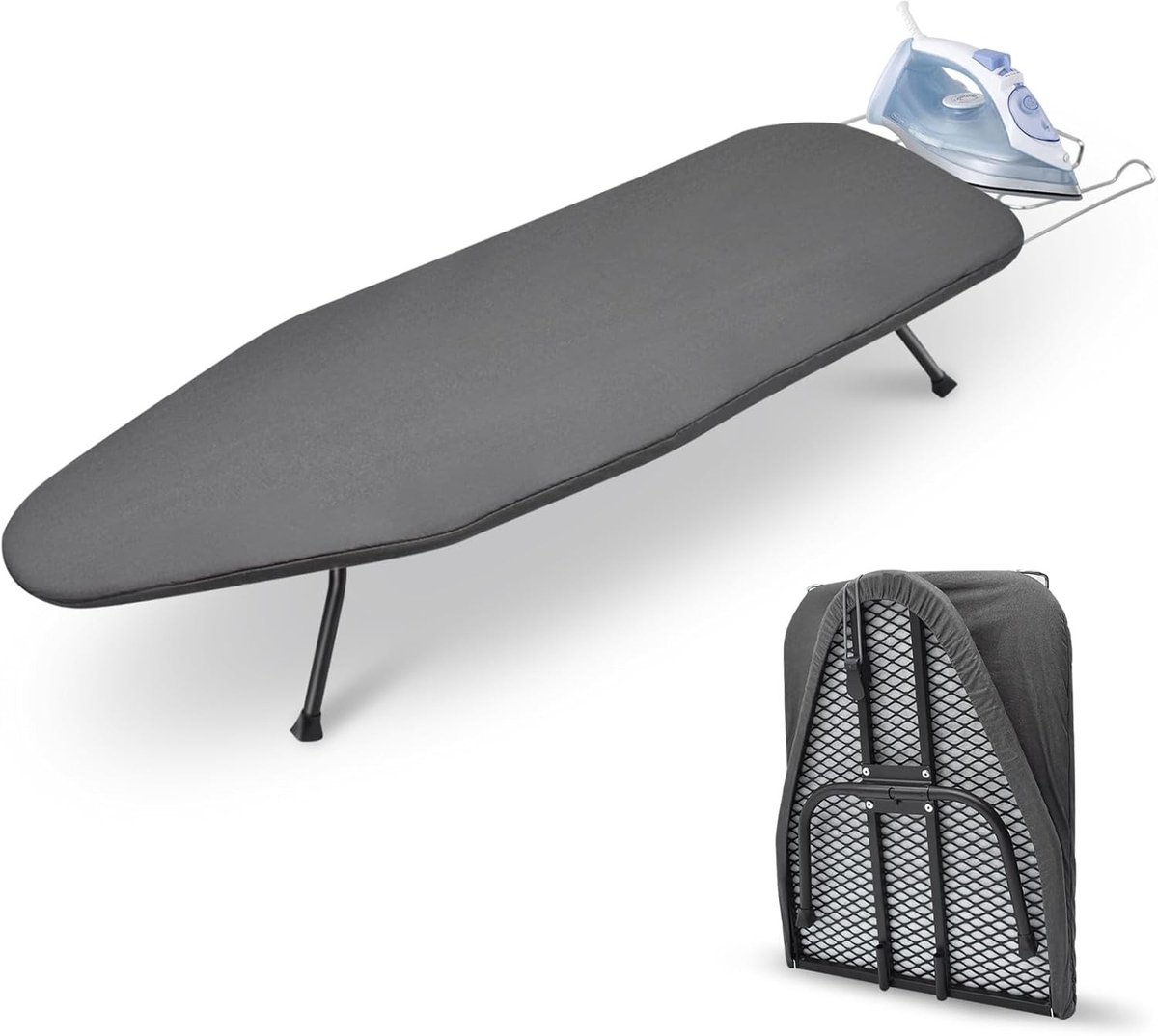 Vouwstrijkplank met Strijkijzerhouder, Katoenen Deksel, Antislip Voetjes, Ideaal voor Thuis en Reizen, Donkergrijs, Compact en Handig
