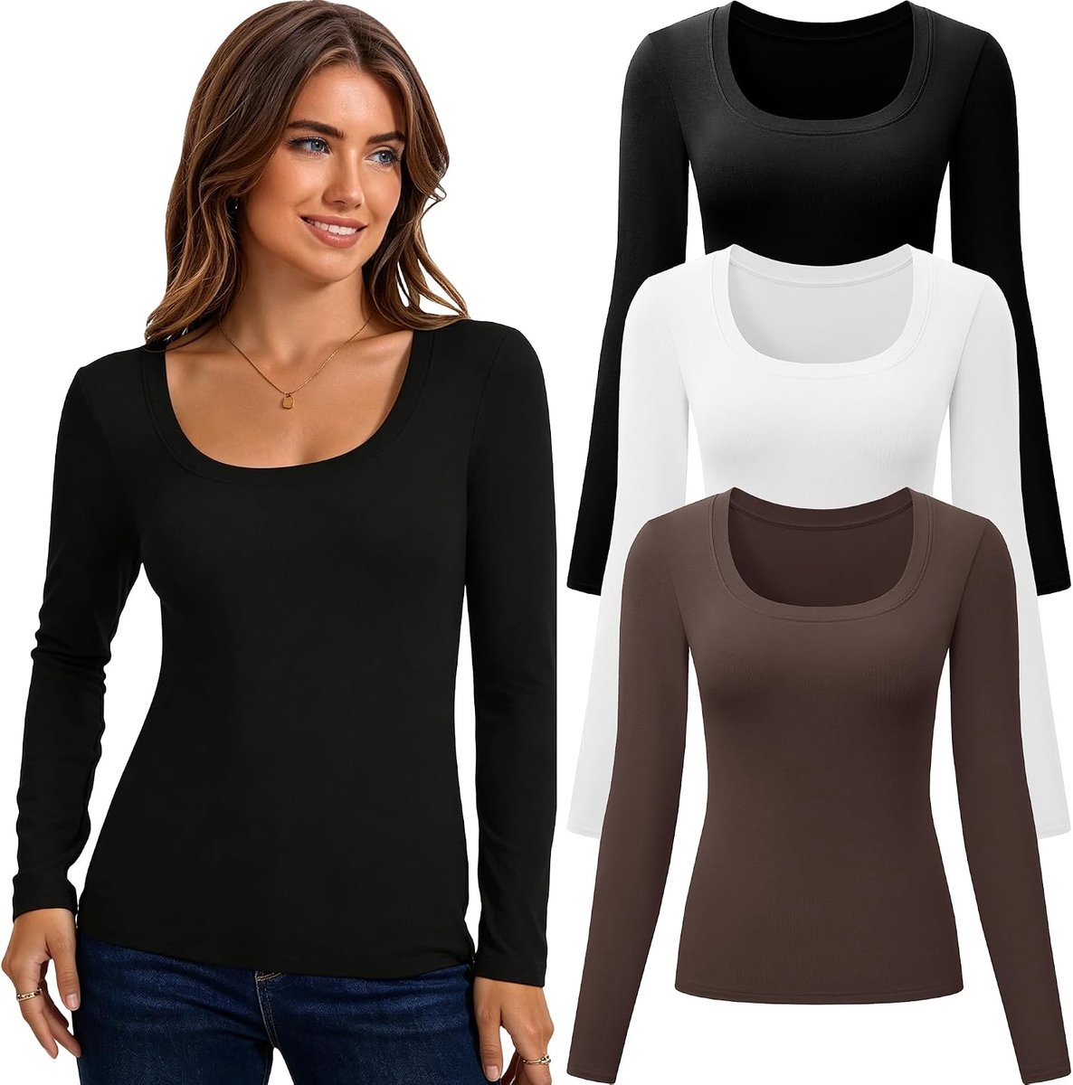 3-pack damesshirts met lange mouwen en ronde hals