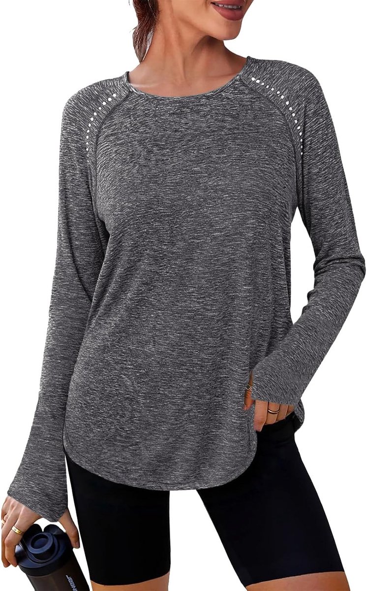 Sportshirt met lange mouwen voor dames, sporttop, ronde hals, lange mouwen, T-shirt, functioneel shirt, UPF 50+, hardloopshirt, licht, ademend, fitness, gym, yoga, top met duimgat