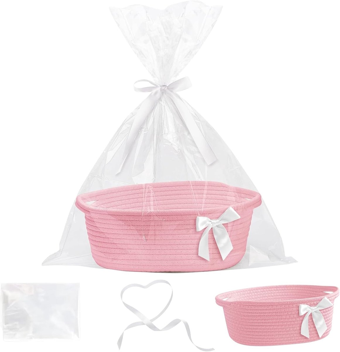 Lege Cadeaumand met Cellofaan en Lint, Gevlochten Opbergmanden met Handvatten voor Babyshower, Bruiloft en Verjaardag (Roze)