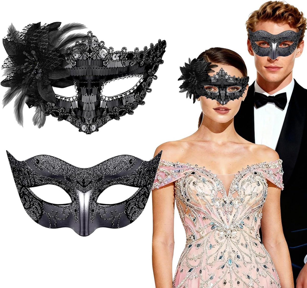 masker, 2 stuks, zwart carnavalsmasker, fantoom van de opera, geschikt voor carnaval, theateruitvoeringen en maskerballen