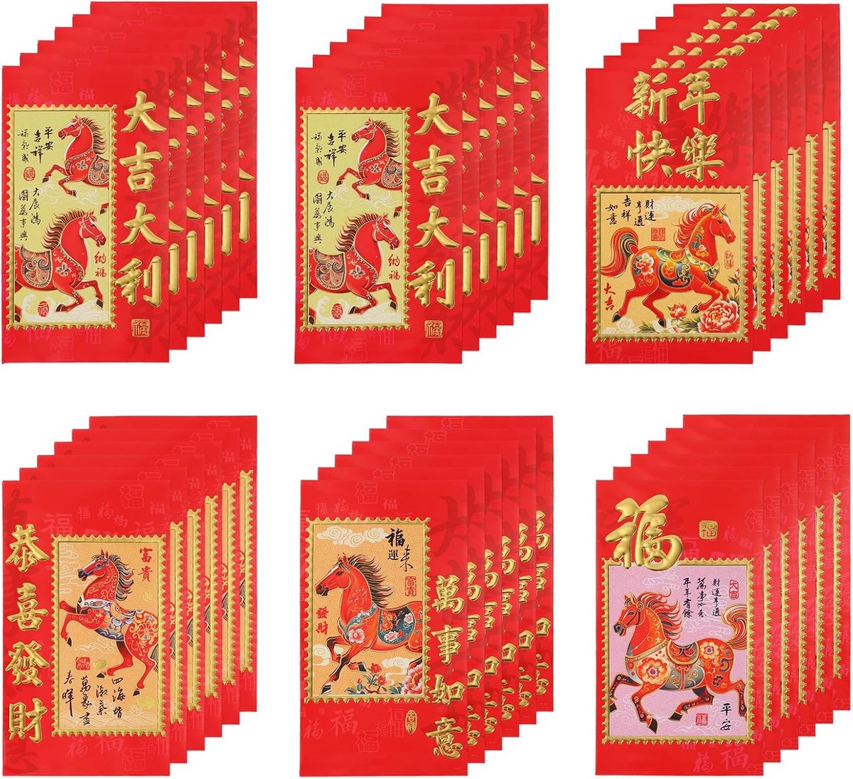 36 Stuks Chinese Nieuwjaars Enveloppen met Paarden, Lang 16x9cm Feestelijke Rode Enveloppen met Paarden Chinees Nieuwjaar Hong Bao voor Benodigdheden voor Het Lentefestival