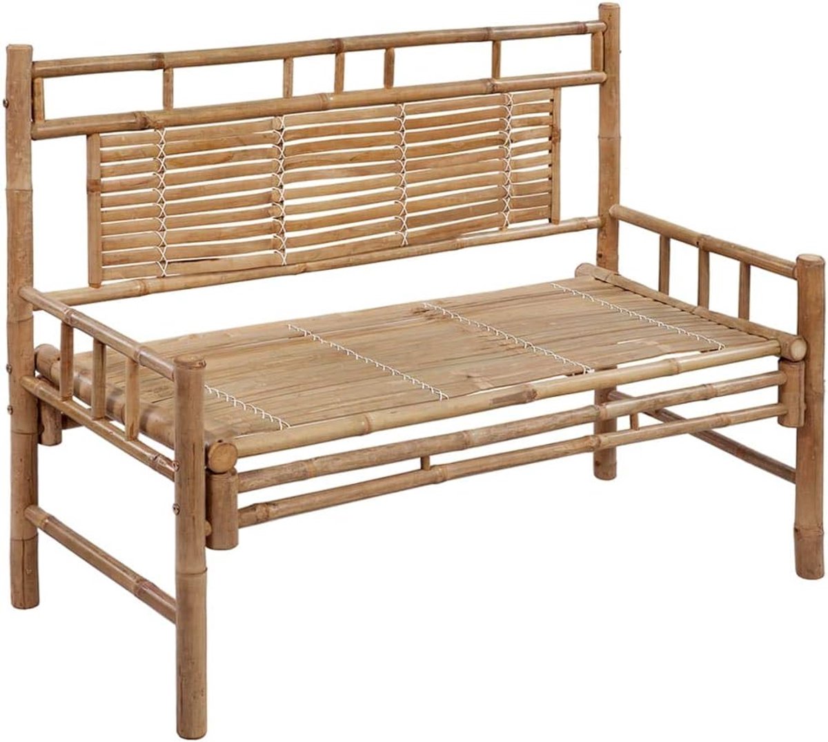 Tuinbank van bamboe met kussen, 120 cm, voor buiten, terrasbank met rugleuning, waterafstotend polyester kussen met banden, gemakkelijk te reinigen, terrasstoel voor tuin, veranda