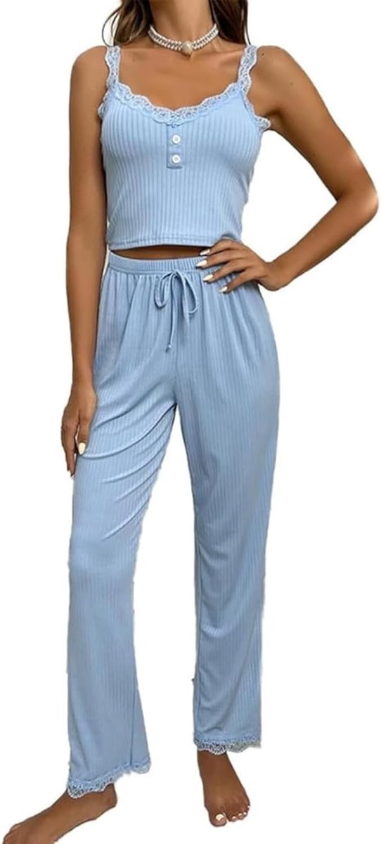 2-delige pyjamaset voor dames, kanten pyjama, buikvrij, cami-top, lange broek, V-hals, nachtkleding, elegant, mouwloos, prikkelend, zacht, loungewear, comfortabel, negligé, elastisch