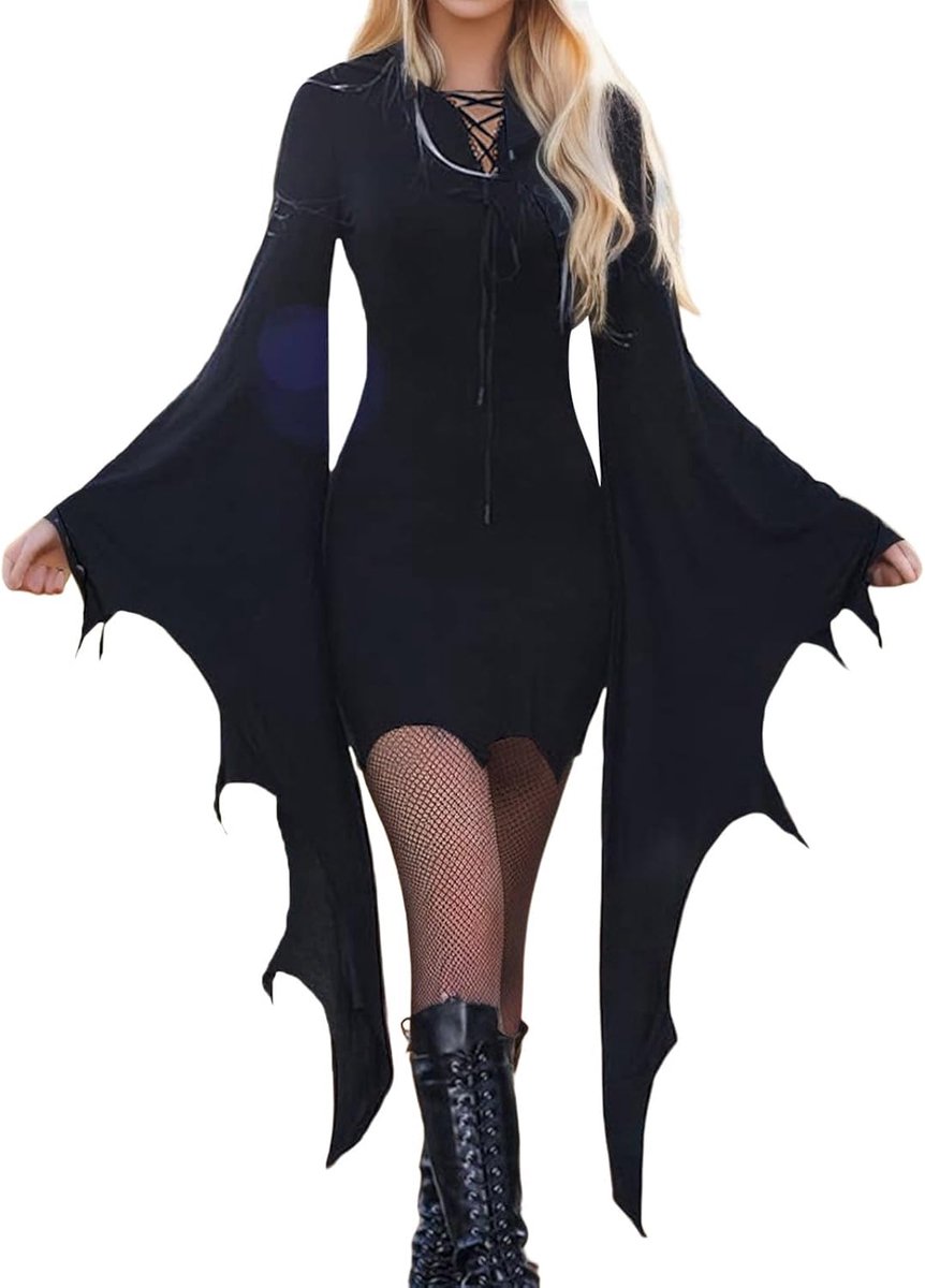 Gothic jurk voor dames, V-hals, Halloween-avondjurk met vleermuismouwen, korte jurk, nauwsluitend en sexy, feestoutfit voor cosplay voor de herfst