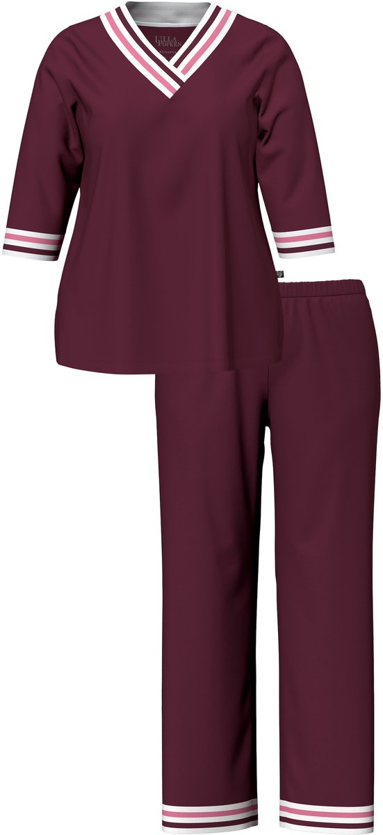 Ulla Popken - Dames - Pyjama streepdetails v-hals 3/4-mouwen - Donker wijnrood - Maat 54+