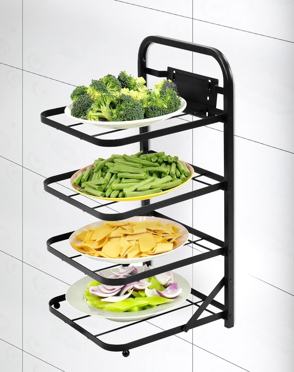 Vouwbare Wandplank met 4 Niveaus voor Keuken, Ideaal voor Opslag van Servies, Groenten en Fruit zonder Boren