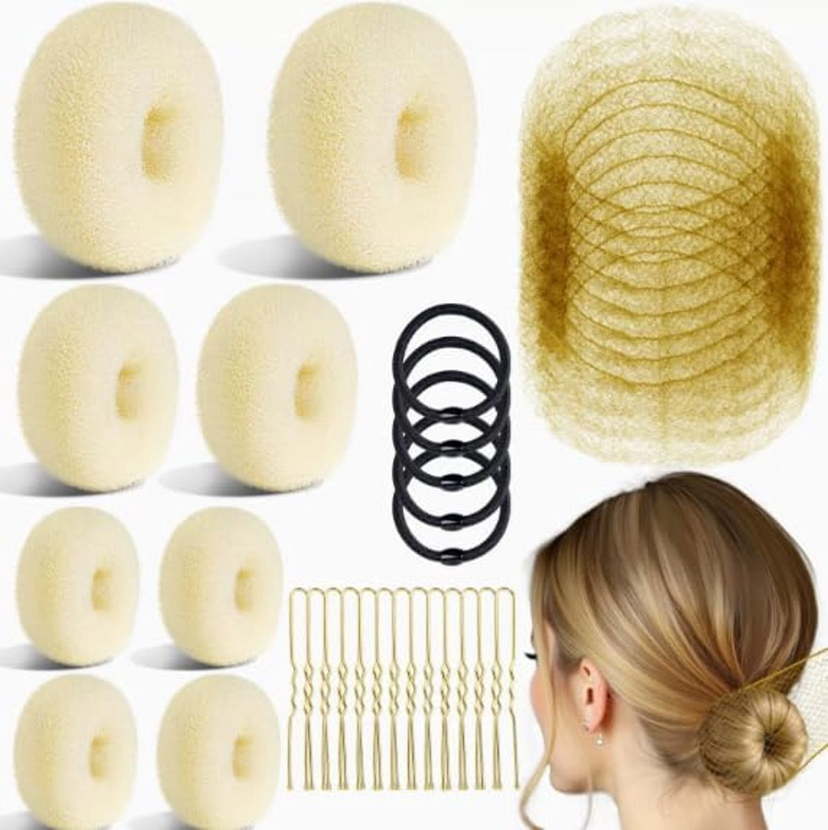 63 stuks haarknoten, 9/8/6 cm, onzichtbare donut-haarnetjes, crèmekleurig