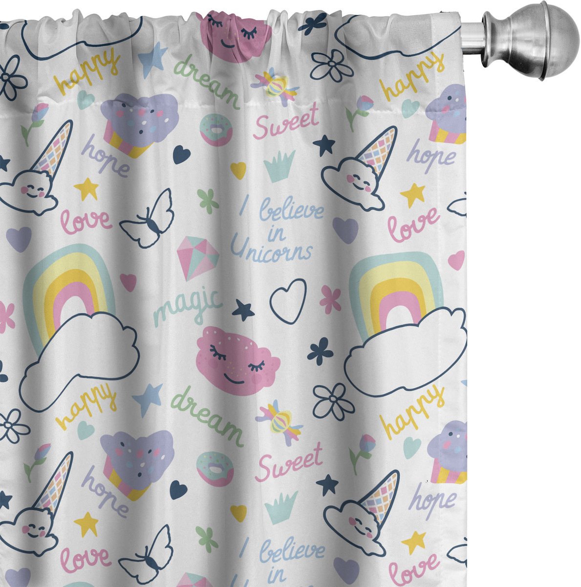 ABAKUHAUS Karikatuur Raamgordijnen, Regenboog Wolken Gelukkige Artikel, Lichtgewicht decoratieve 2-delige set met roedezak, 2 stuks 75 cm B x 175 cm L, Meerkleurig