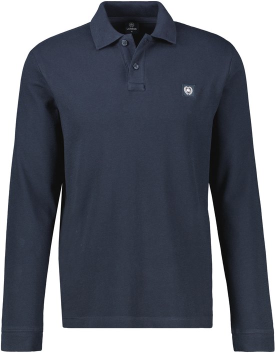 Marineblauw poloshirt met lange mouwen, knoopsluiting en LERROS-logo op de borst.