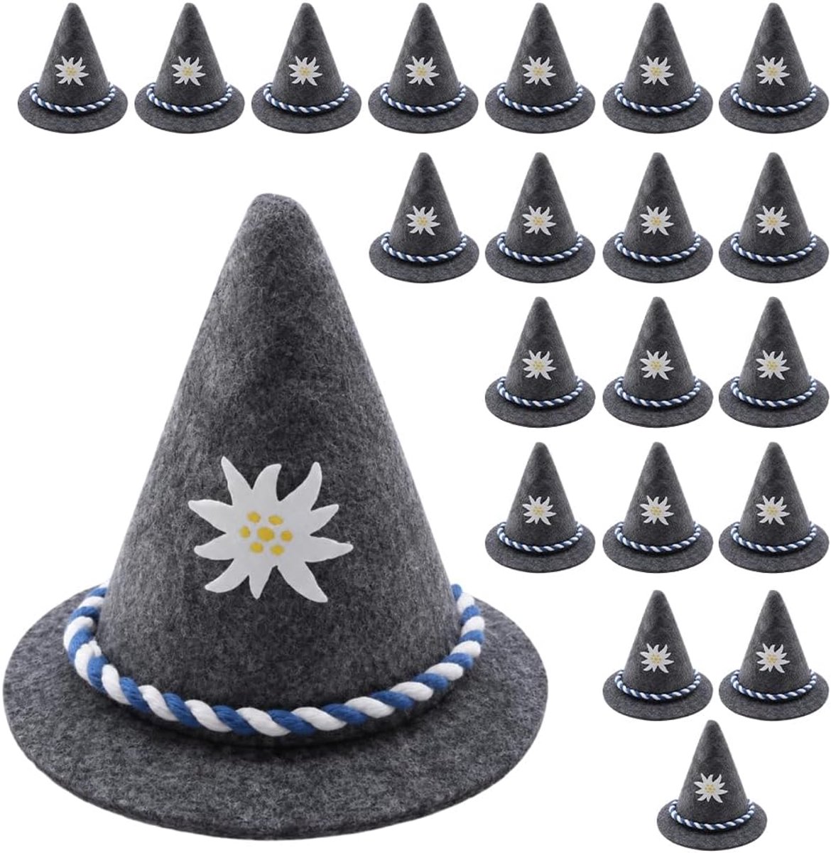 20 stuks Oktoberfest-decoratie, kleine vilten hoed met blauw-wit koord, 10 x 8 cm