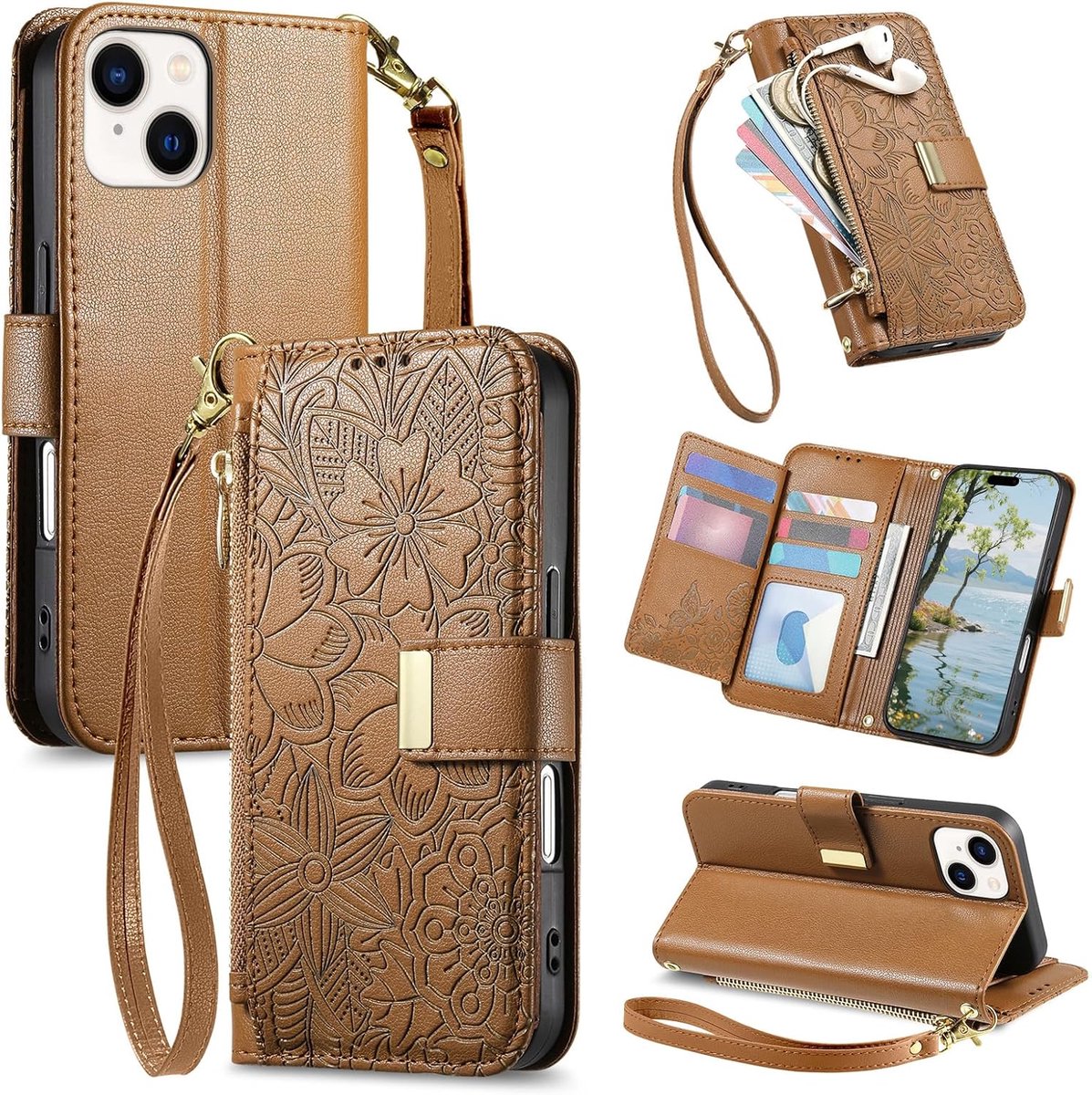 Hoes voor mobiele telefoon voor Apple iPhone 15, klaphoes, lederen klaphoes met ritssluiting, kaartvakken, standaard, band, bloemenreliëf, beschermhoes voor dames, portemonnee, flip case, bruin