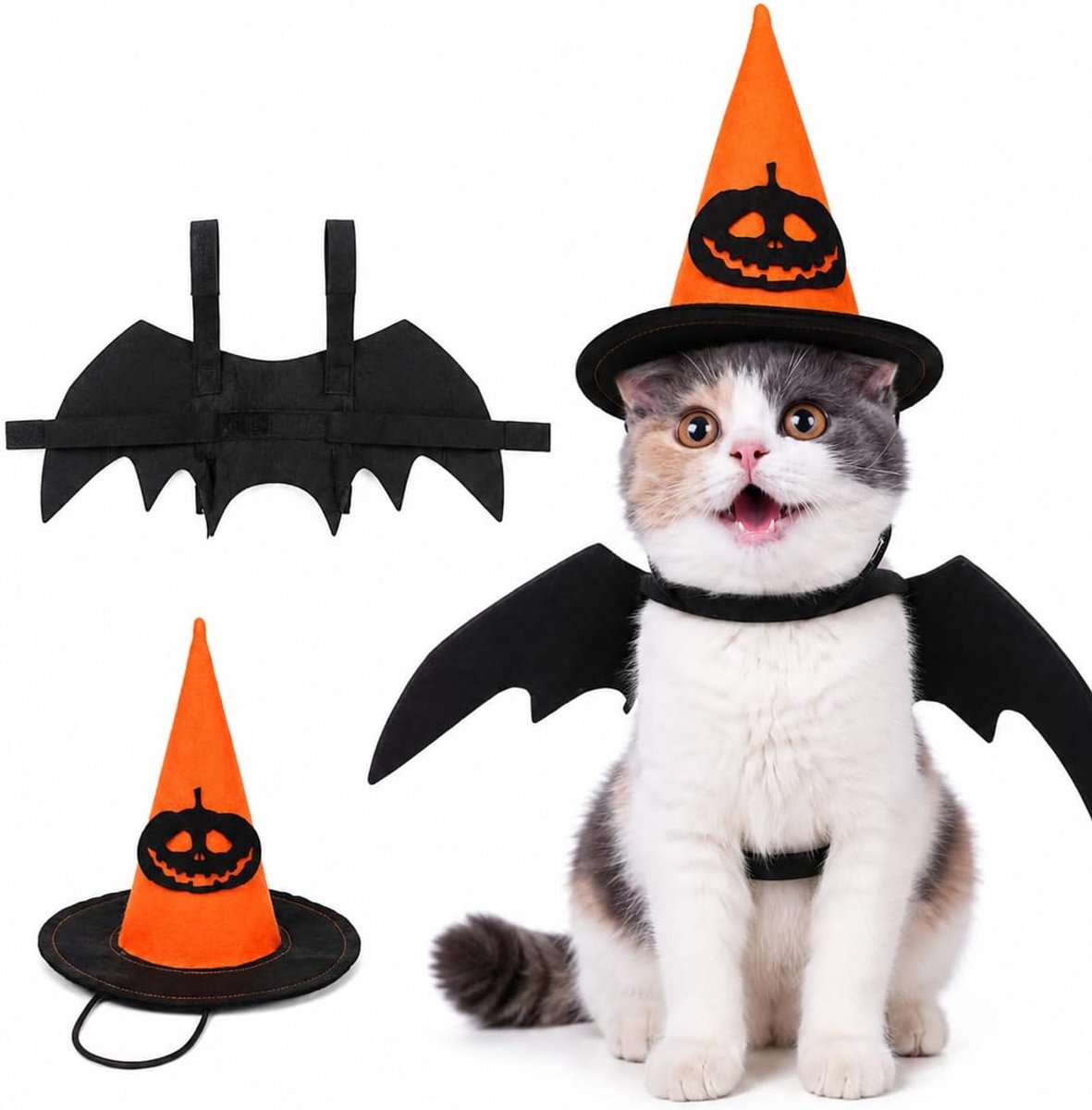 Vleermuiskostuum met vleugels + pompoenmuts voor katten en kleine honden, set maat S, ergonomische snit, antislip, ideaal voor foto's en wandelingen, Halloween, comfortabel