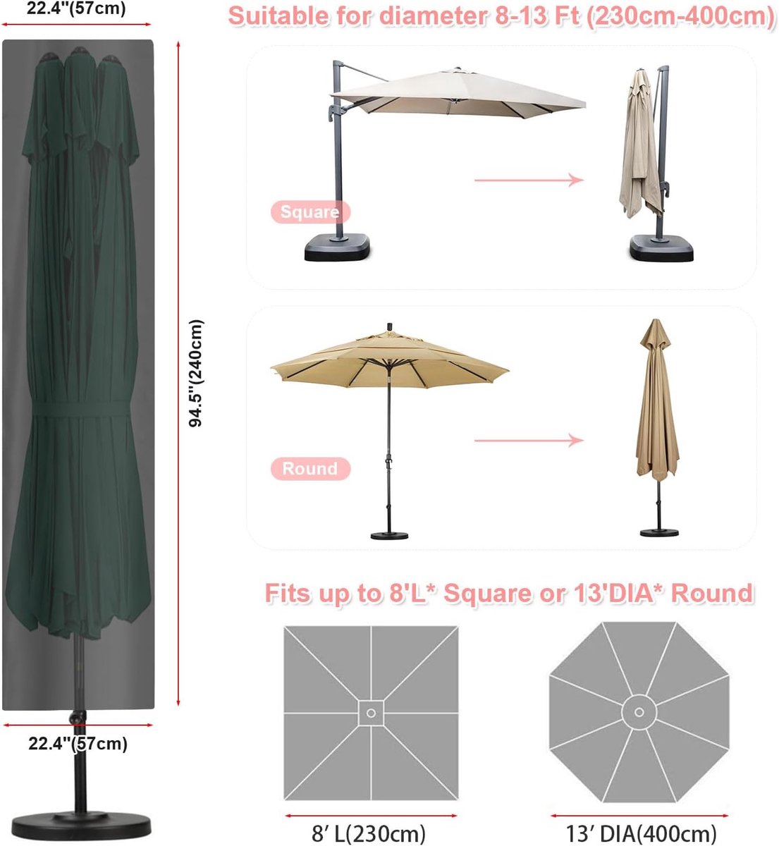 Parasolhoes Zweefparasol Winddicht Afdekhoes voor Parasol Ø 400cm