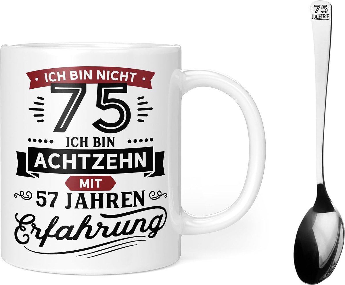 Verjaardag 75 mok met lepel Ik ben niet 75 cadeau-ideeën 75 verjaardag man vrouw fopartikel grappig - keramiek 300 ml (voor 75e verjaardag + lepel)