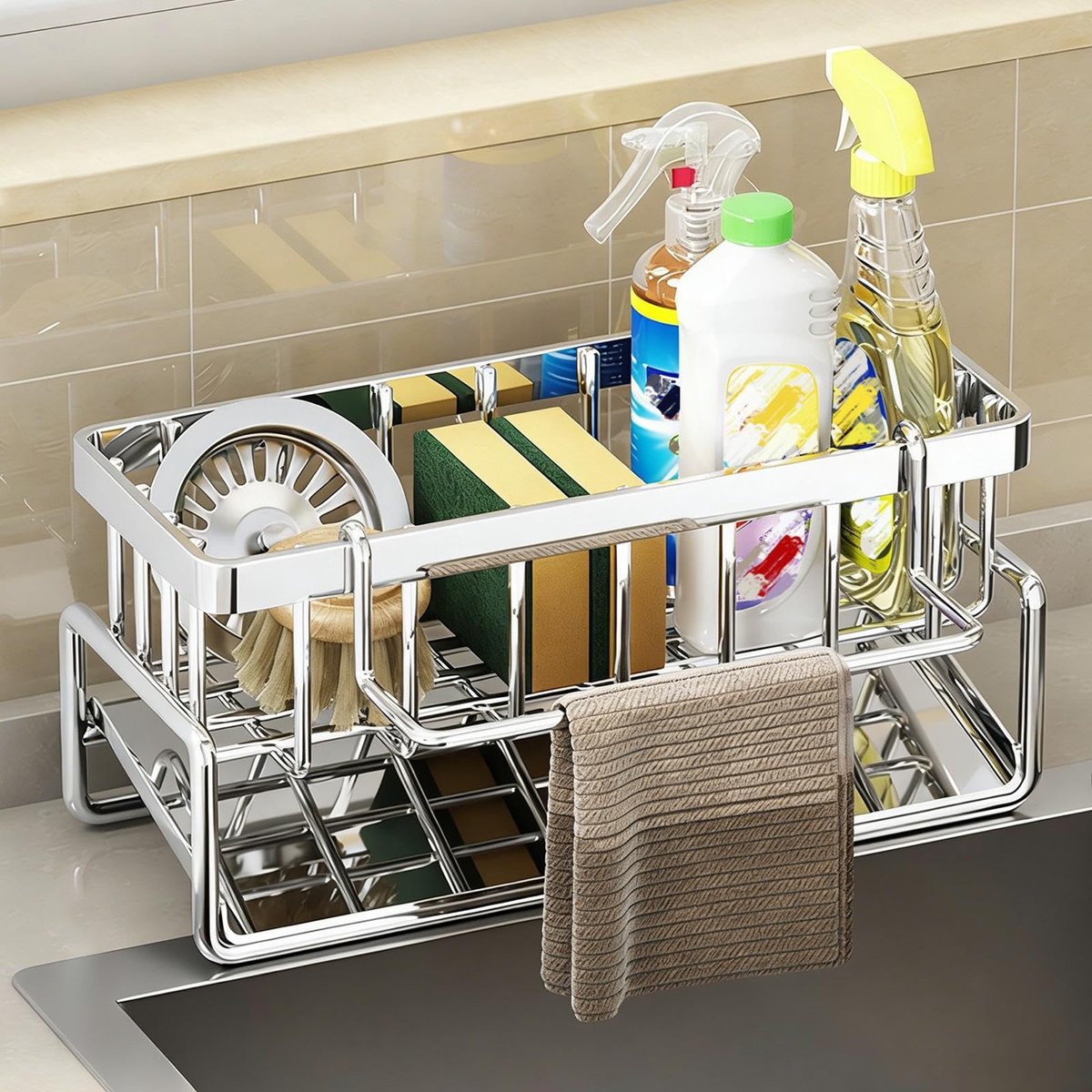 Famanu – Gootsteenorganizer, keukenorganizer met afwasborstelhouder en theedoekenhouder, automatisch afvoersysteem, gootsteenorganizer, roestvrij staal, sponshouder, spoelbak voor keuken, werkbladen (zilver)
