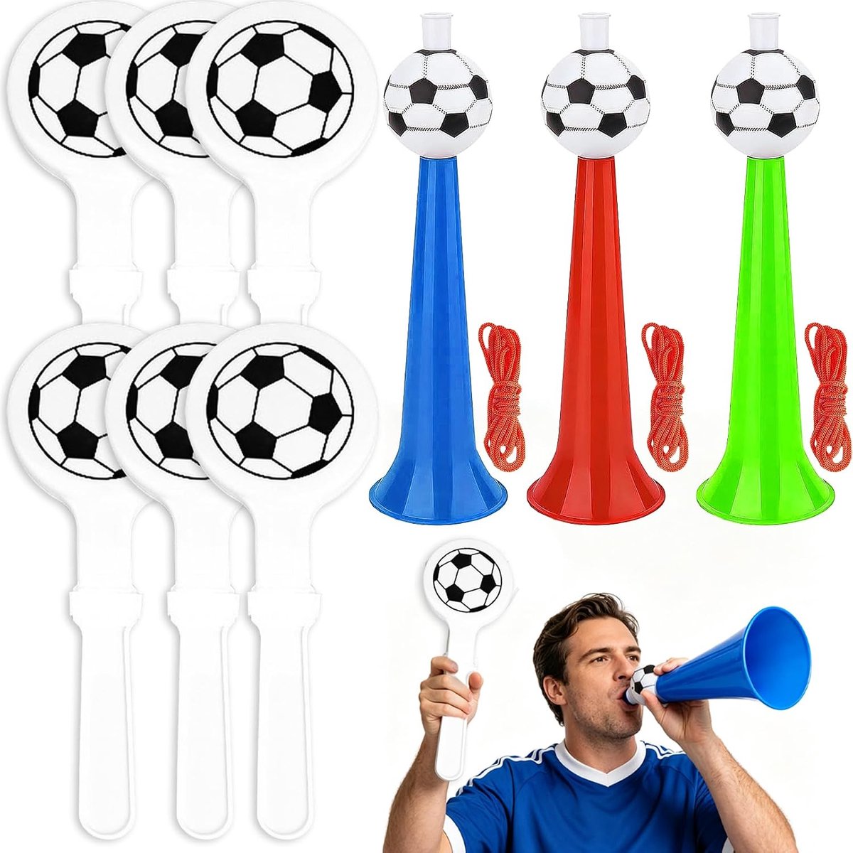 Voetbalvorm met 6 Clap-Main de Football, voetbalhoorns, stadiontrompeten voor sportevenementen, voetbaltoernooien, basketbal, trompetfeest, verjaardag