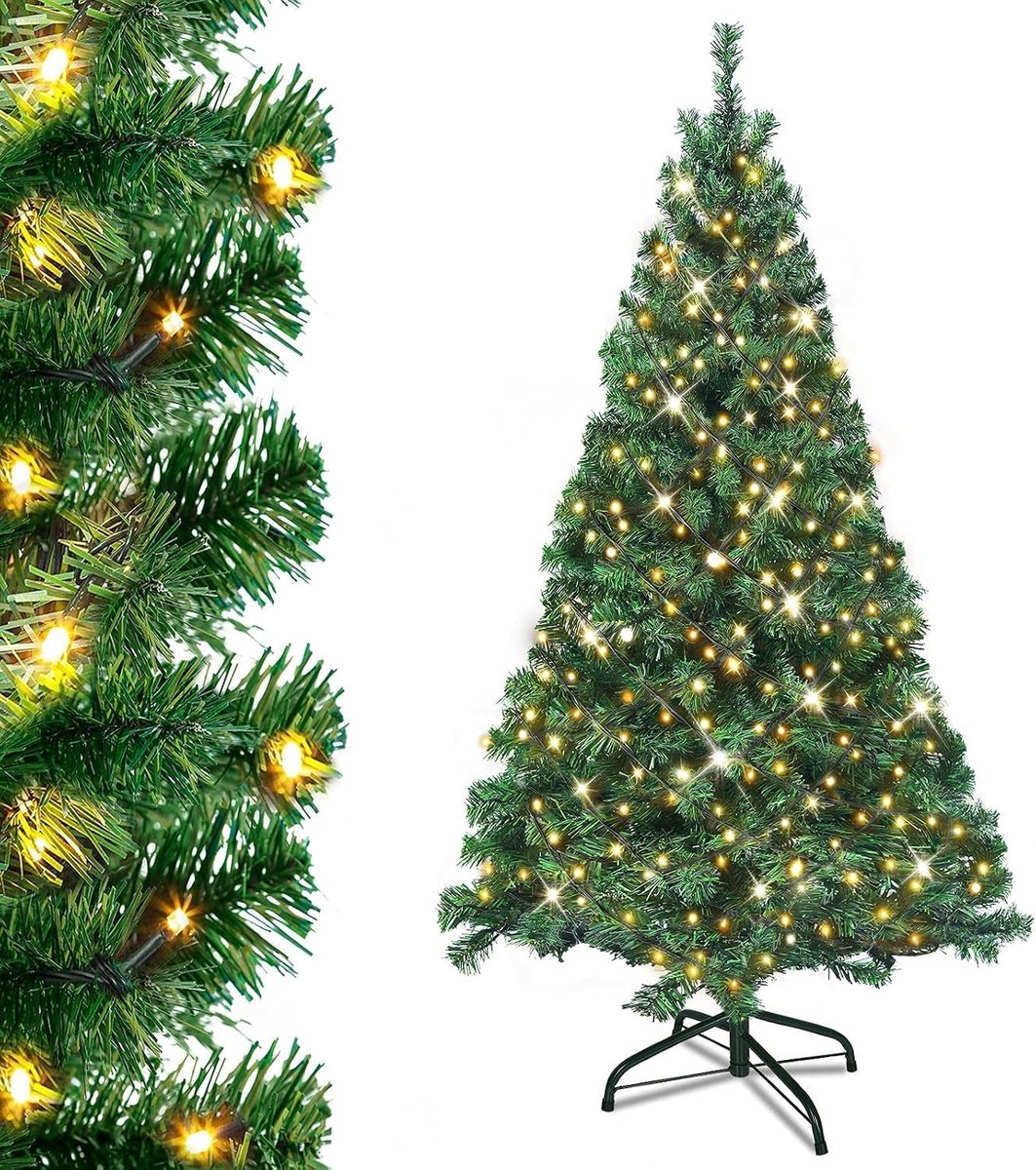 Kunstkerstboom met ledverlichting en standaard, 240 cm, groen, pvc