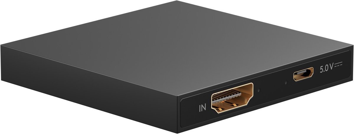 Image of Goobay HDMI-splitter 1 naar 2 met 4K bij 30 Hz, spiegelt beeld en geluid naar twee tv's of monitoren, met LED-display en aluminium behuizing