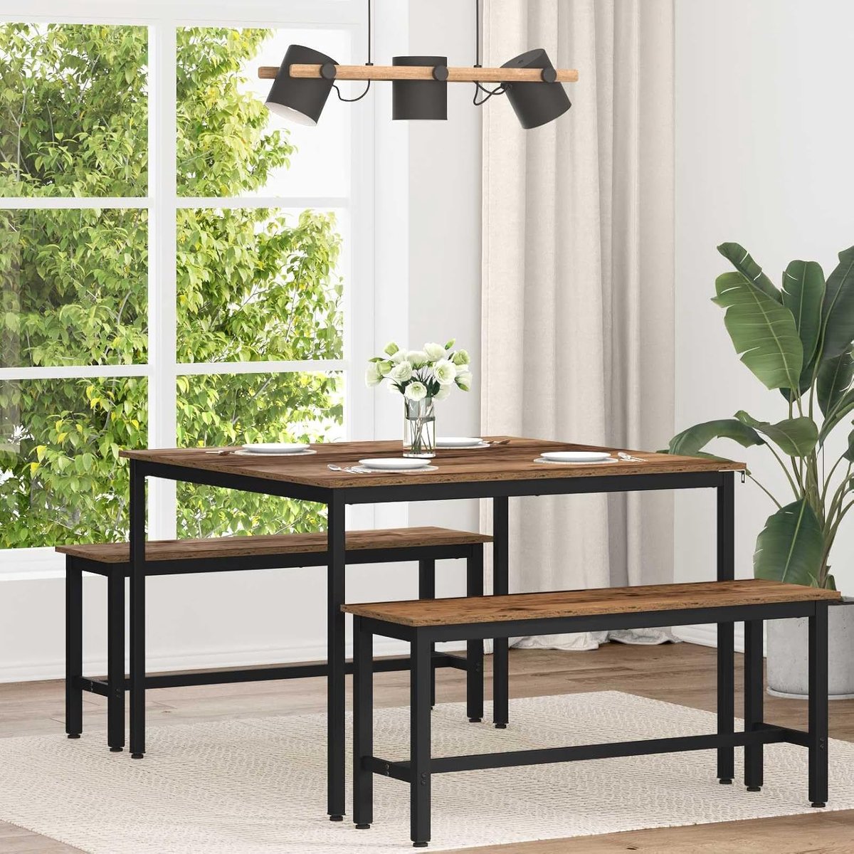 Eettafel met metalen frame en houten plaat - moderne rechthoekige eettafel voor eetkamer en keuken - stabiele constructie met zwart metalen frame