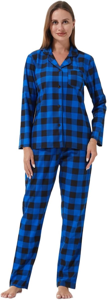 Pyjama voor dames, lange tweedelige winterpyjama, lange bovenstukken, geruit, pyjamabroek, huispak, behaaglijk, Kerstmis, loungeset