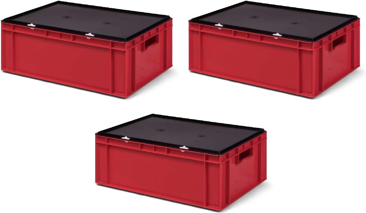 3 stuks TK621-VD, Transportstapelbak rood met zwart afsluitdeksel, 600x400x221/210 mm (LxBxH), volume 40 liter, draagvermogen 50 kg, voedselveilige industriekwaliteit van PP
