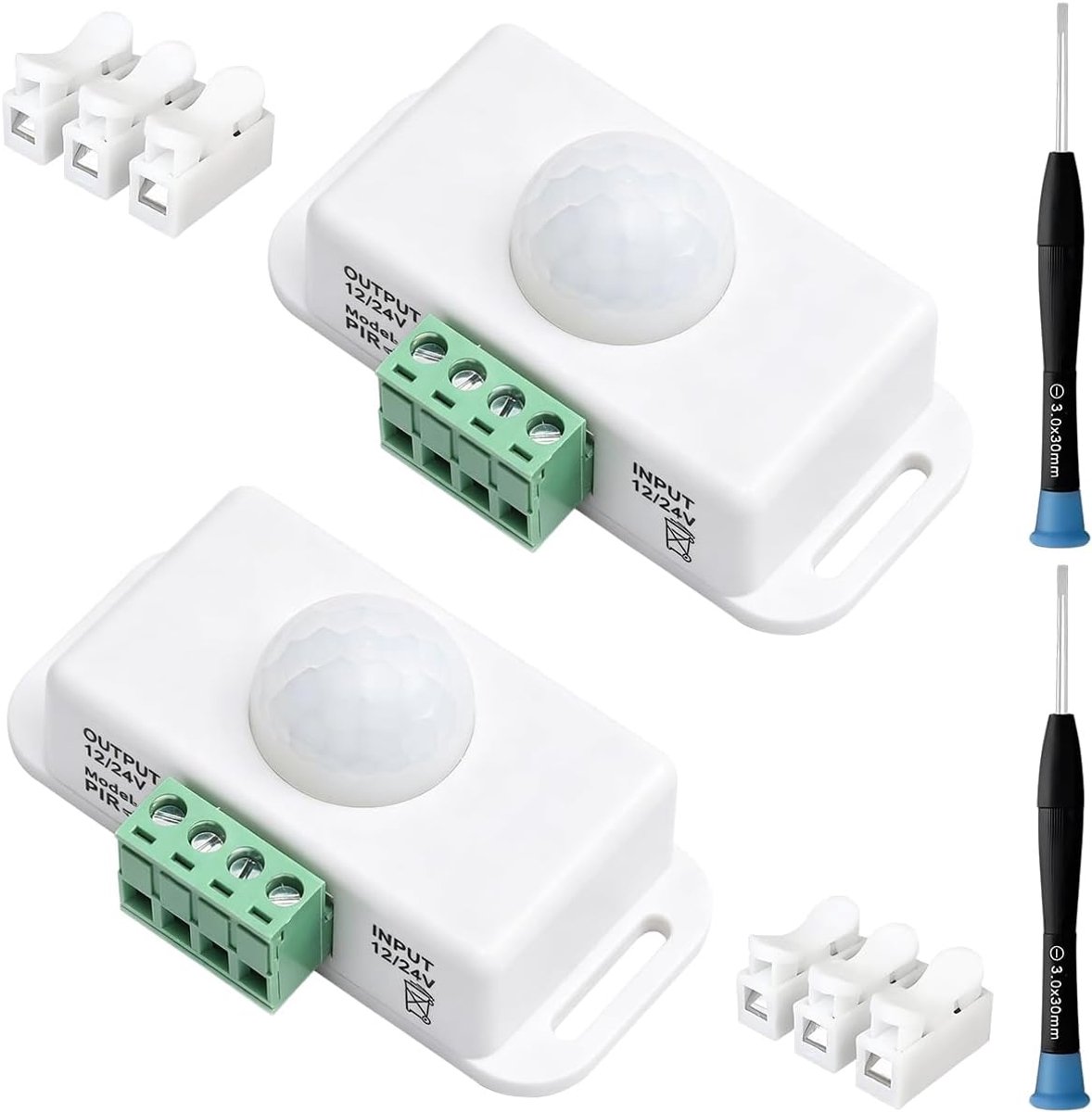 2 stuks 12 V/24 V bewegingssensor met infrarood PIR-detector, automatische led-lichtstrip, bewegingsmelder met infrarood PIR-sensor, 180 graden instelhoek, timerfunctie (wit)