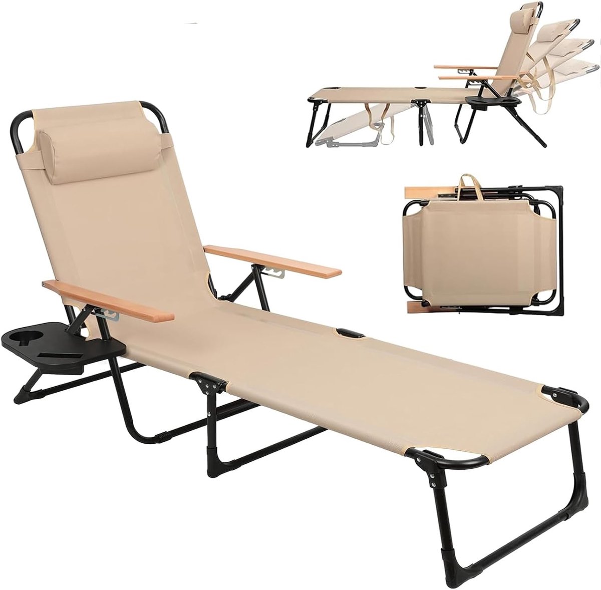 Tuinstoel, ligstoel met hoofdkussen, inklapbaar zonnebed, verstelbare rug- en beenkussens, strandstoel voor balkon, terras, camping, strand, beige