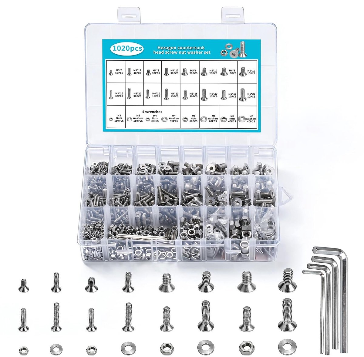 1020 stuks M3 M4 M5 M6 schroeven set, verzonken kop schroeven moeren set, schroefdraad schroeven sets, platte kop schroeven met moeren en ringen, inbus schroeven machineschroeven assortiment (Zilver)