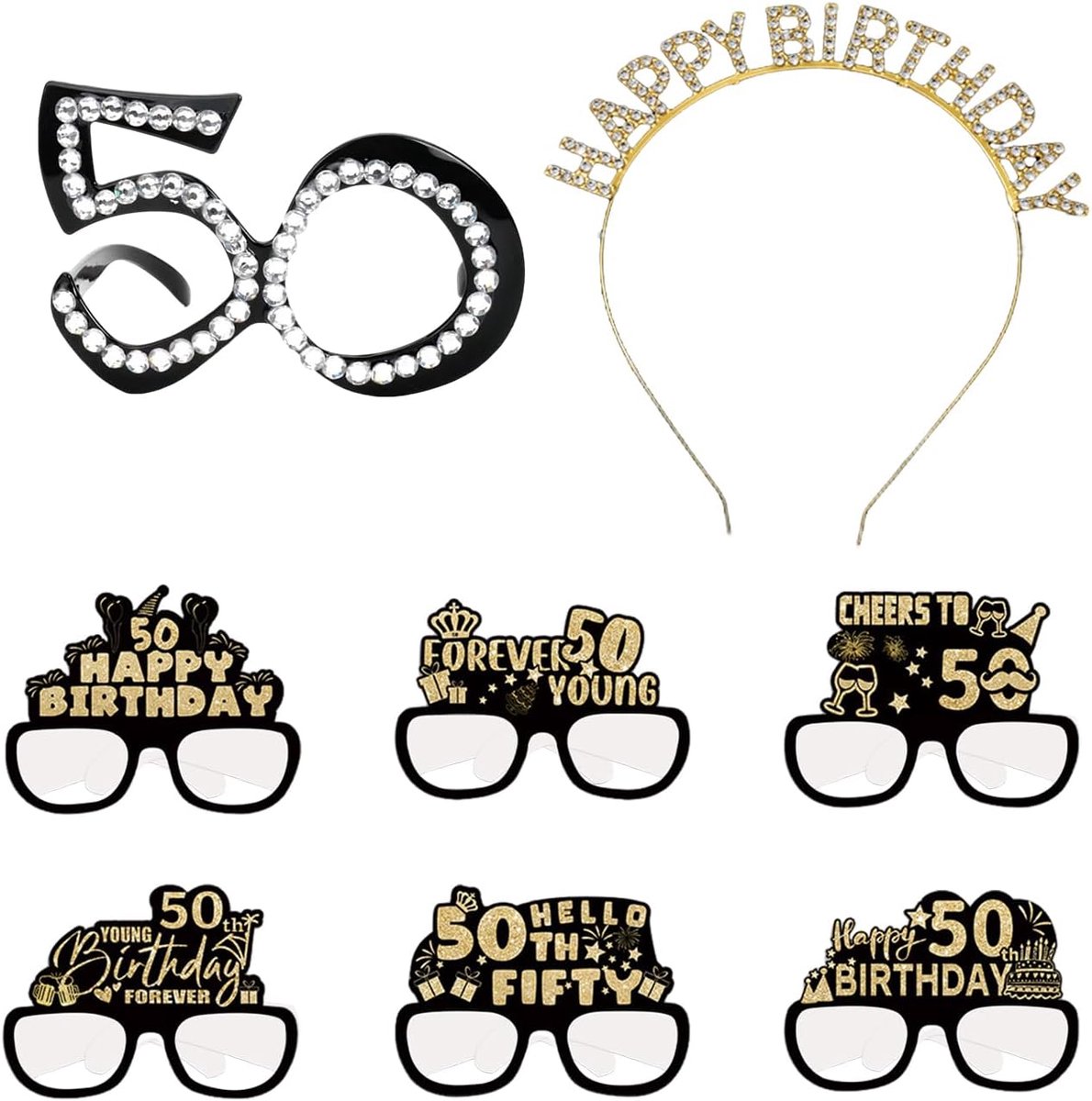 6 Stuks 50Ste Verjaardag Glazen Set, 1 Stuk Zwarte Digitale Bril, 1 Stuk Knipperende Diamant Hoofdband, Grappige Foto Rekwisieten, Verjaardagsfeestje Decoratie.