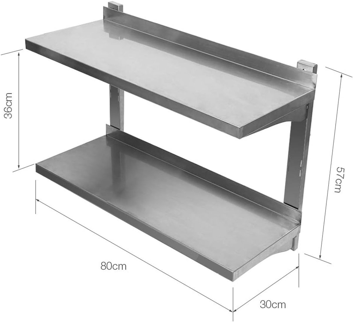 Wandrek, wandrek voor keuken van 304 roestvrij staal, opberghouder voor keuken, 2 planken, in hoogte verstelbaar, wandrek voor keuken en badkamer, 40 kg (zilver)