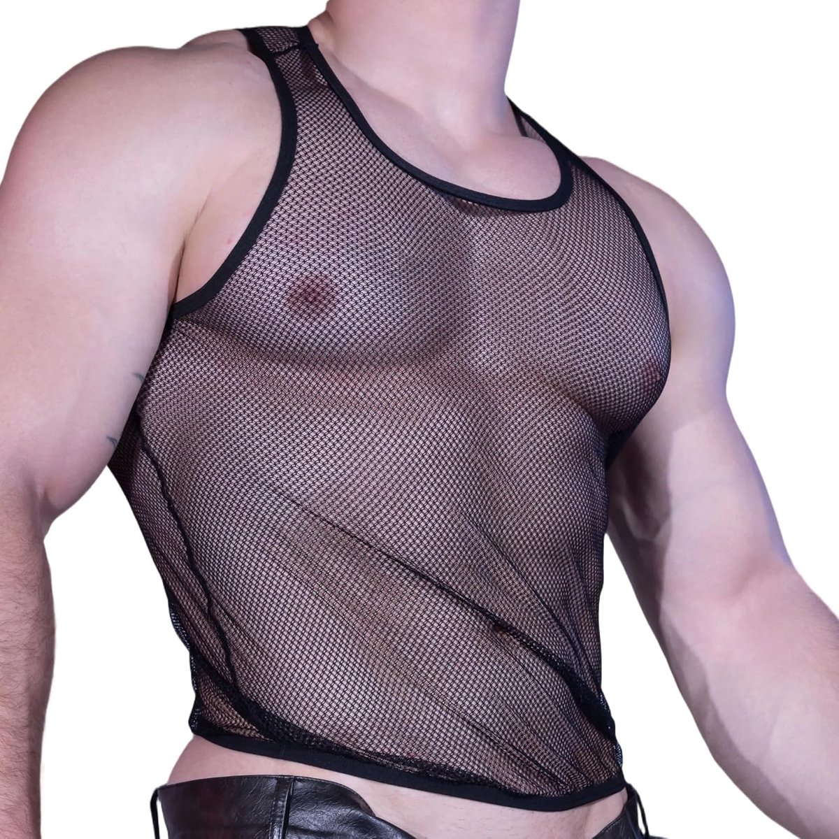 T-shirt voor heren, transparant bovenstuk, mouwloos onderhemd, ronde hals, clubkleding